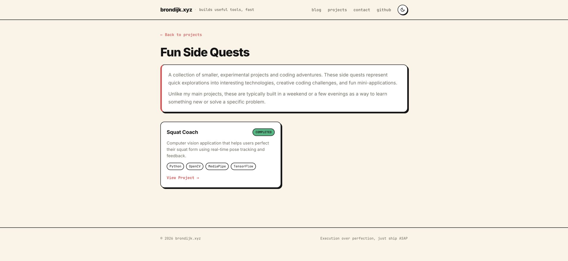 Side quests project page featuring Squat Coach