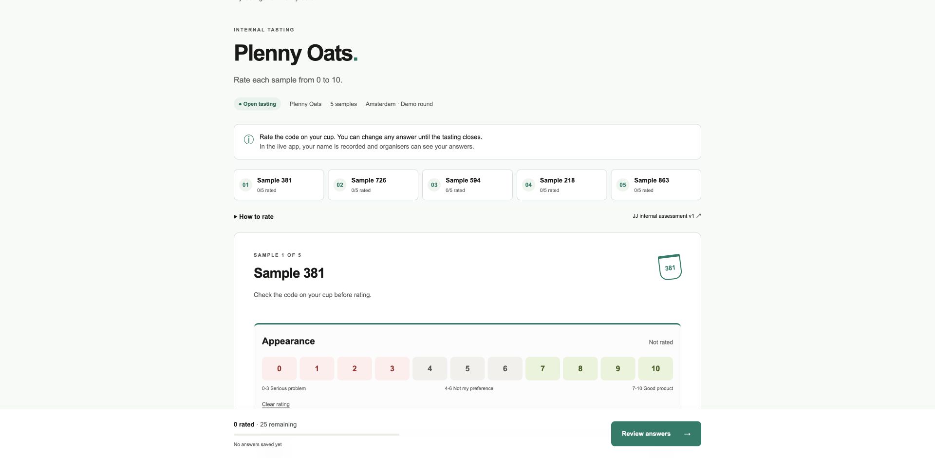 Taste Lab demo with blind samples and a 0 to 10 rating scale