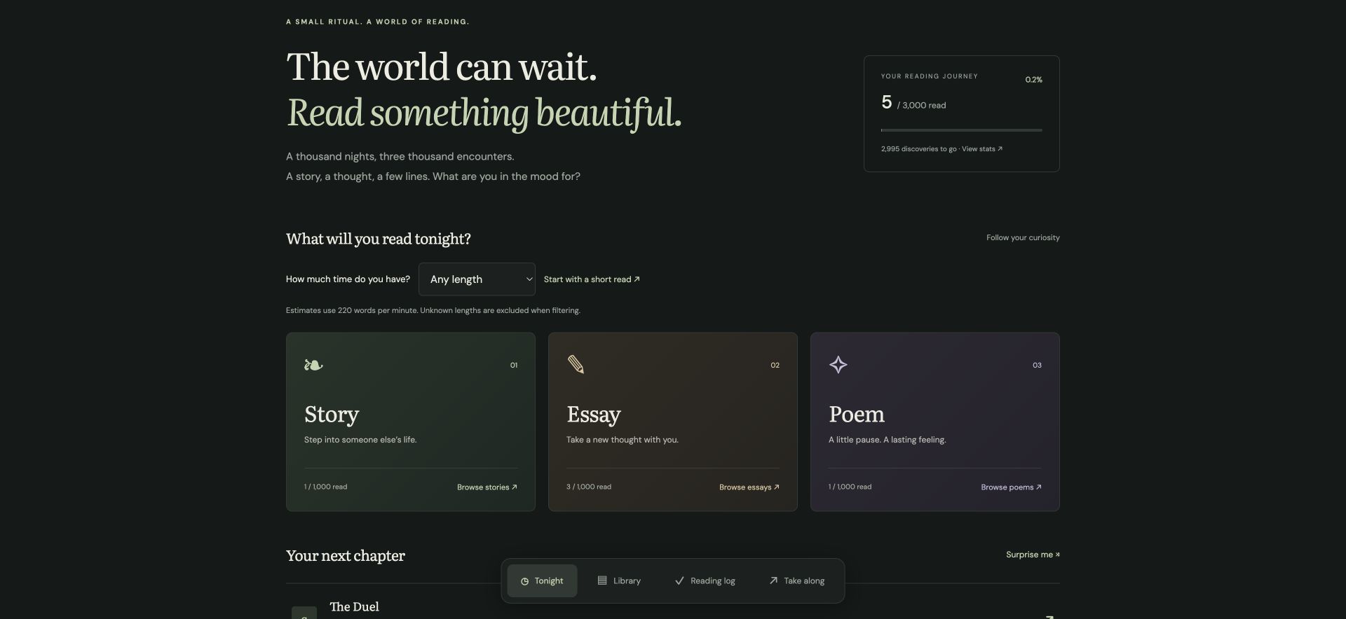 Thousand Nights homepage with story, essay and poem categories