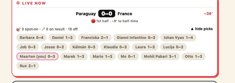 Live match view showing the score updating and every player's prediction for the game