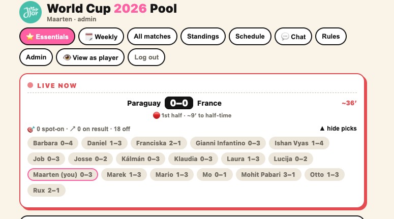 WK 2026 Prediction Pool overview: header, full navigation, and a live match